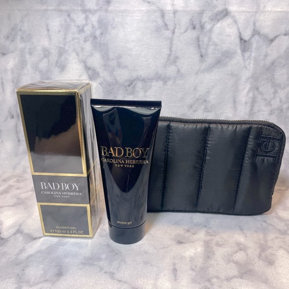 Carolina Herrera Bad Boy Set-Black Pouch,Shower Gel&EDT Sample,Woody-3pc-BOX-NEW - Picture 3 of 16